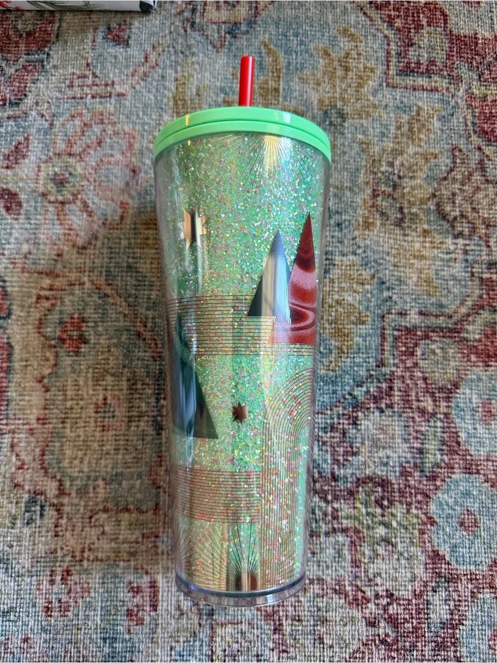 Starbucks Green Glitter Holiday Tumbler with Red Straw